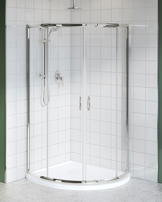 An elegant, framed sliding corner shower enclosure in chrome finishes
