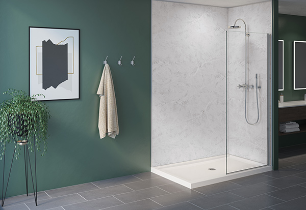 fibo by fleurco wall system in white marble, station fixed walk-in glass panel in chrome