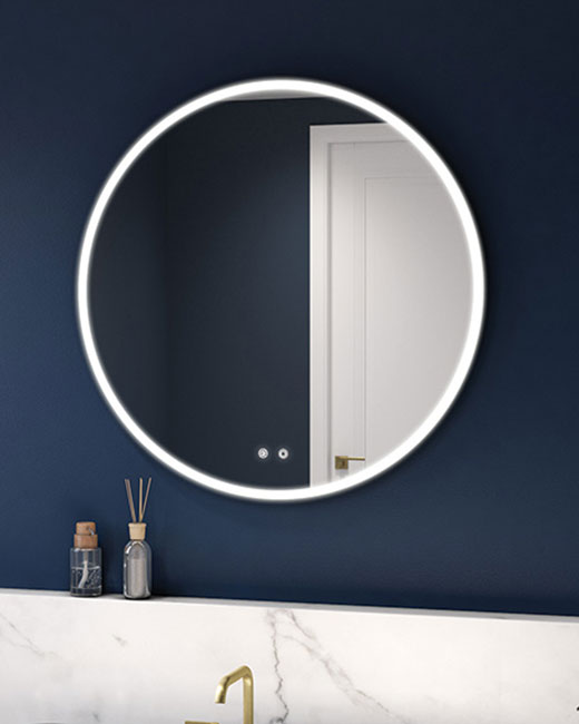 a wall mounted Lighted round mirror