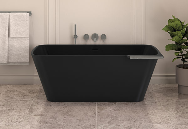 Elegant matte black bathtub with a shelf in a dark chrome finish as a centerpiece in a classic bathroom setting.