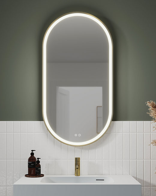an oblong framed wall mounted LED Bathroom vanity mirror