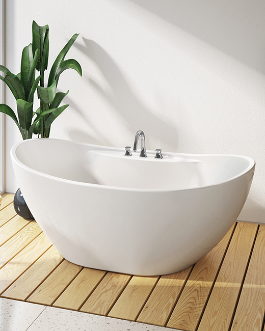 a double-ended freestanding bathtub in a Japandi bathroom style