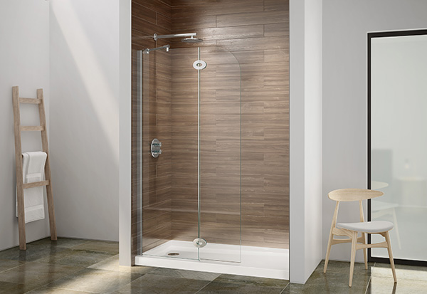 A shower enclosure featuring a round top pivot shower shield with oval glass-to-glass hinges.in the middle of a cozy bathroom setting.