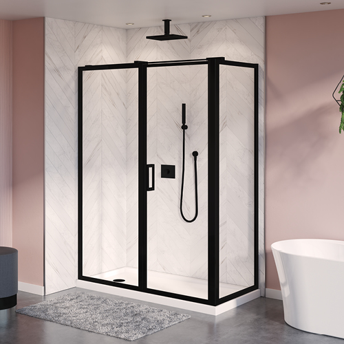 Porte pivotante Elera à 2 côtés en noir mat, avec des murs de salle de bain roses et des carreaux de marbre à chevrons dans la douche