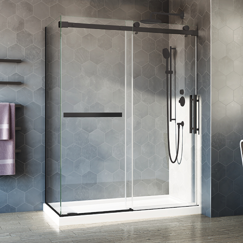 Porte de douche Novara Plus à 2 côtés en noir mat, avec des carreaux gris à motif hexagonal dans la douche et la salle de bain