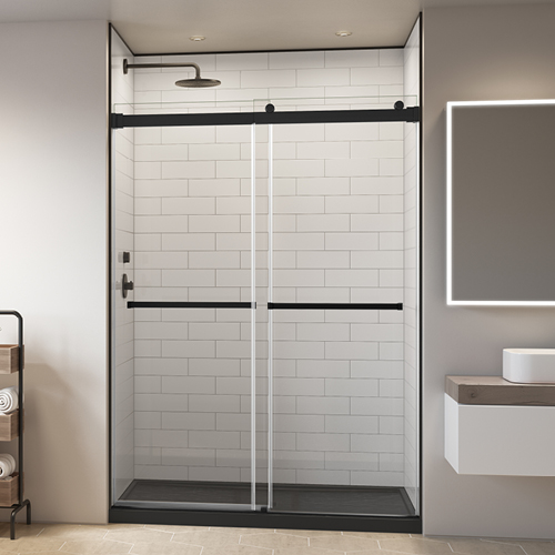 porte de douche gemini plus en noir mat, avec murs fibo par fleurco flex dans la douche, carreaux blancs brillants