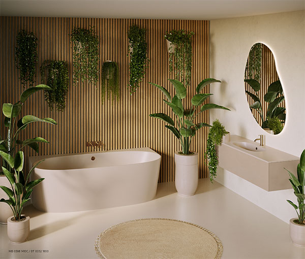 A bathtub and a floating vanity surrounded by plants in a cozy nature-inspired bathroom setting