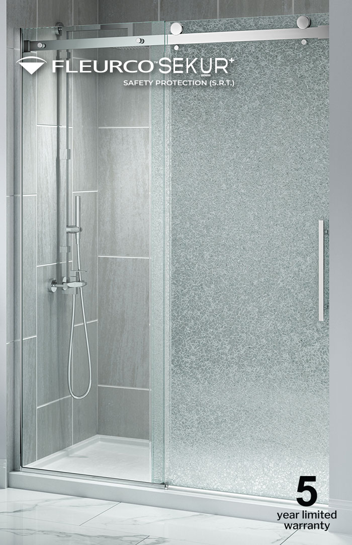 a full shower door installed, the door panel is shattered, but remains intact. words on the image in white in the top left corner FleurcoSEKUR+ Safety Protection words on the image in black in the bottom right corner 5 year limited waranty